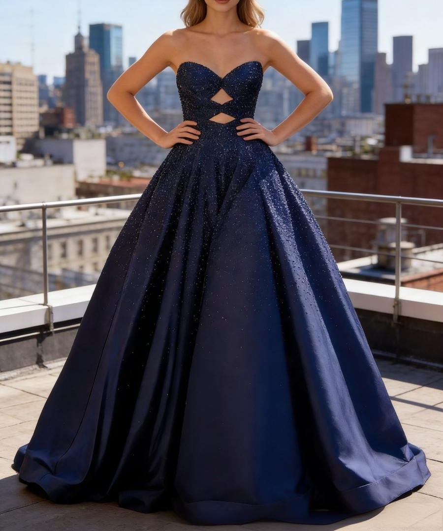 Strapless Cut-Out Beading Princess Long Prom Dresses Sweetheart Ball Gown