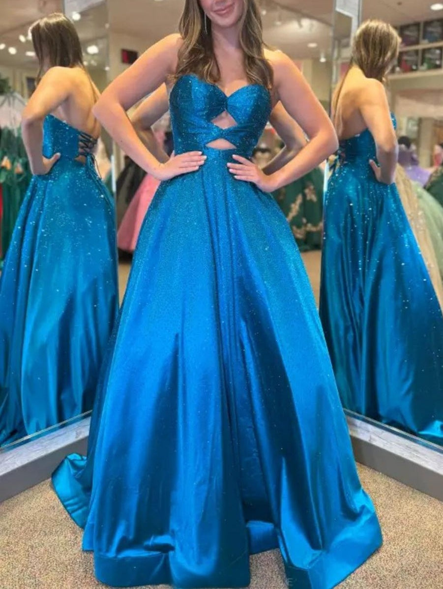 Strapless Cut-Out Beading Princess Long Prom Dresses Sweetheart Ball Gown