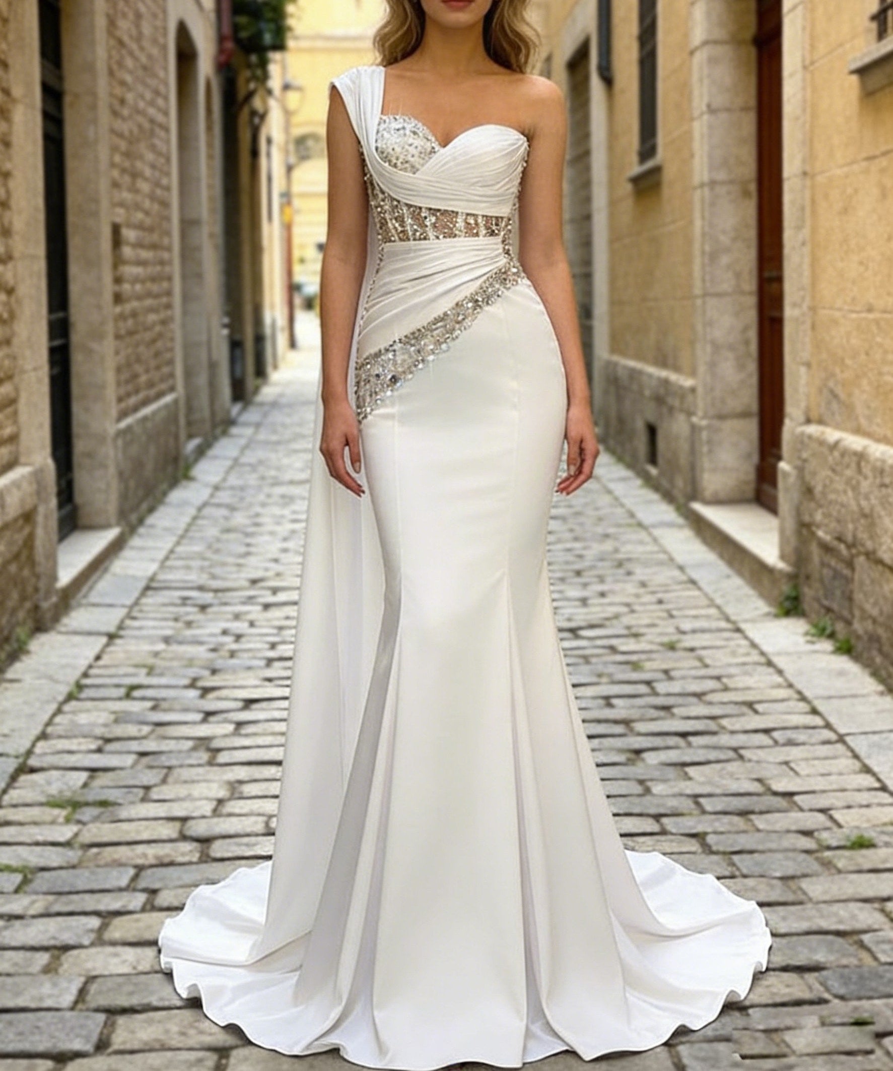 Trumpet/Mermaid One Shoulder Cape Satin Prom Dress with Sequins