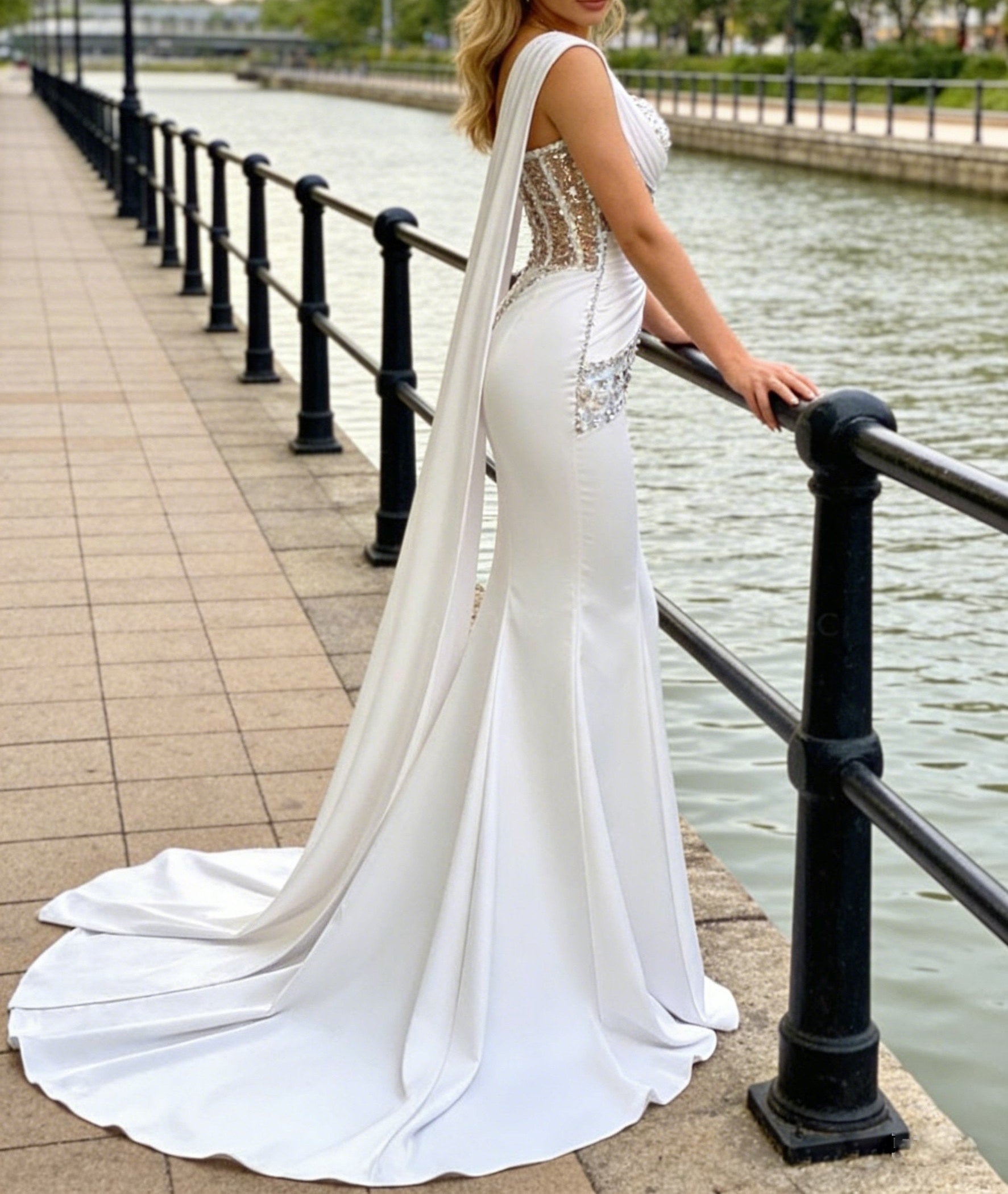 Trumpet/Mermaid One Shoulder Cape Satin Prom Dress with Sequins