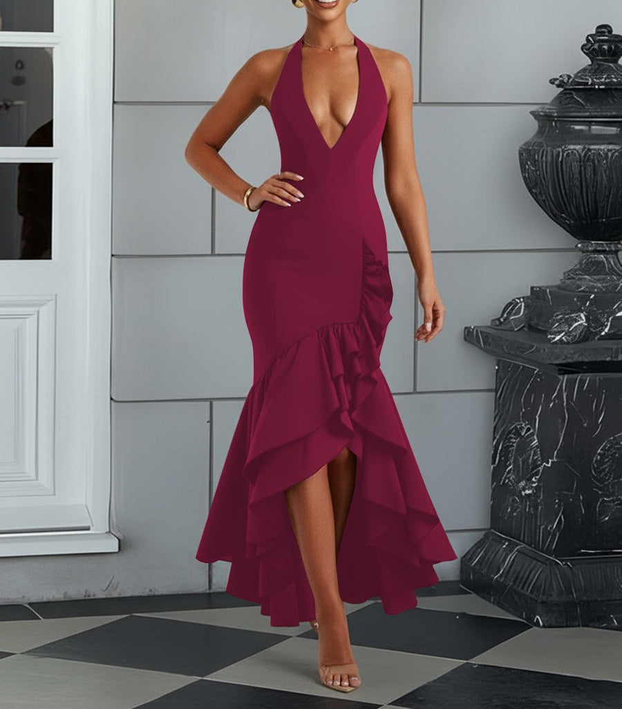 Bodycon Halter Hi-Lo Long Prom Dresses with Ruffle Slit