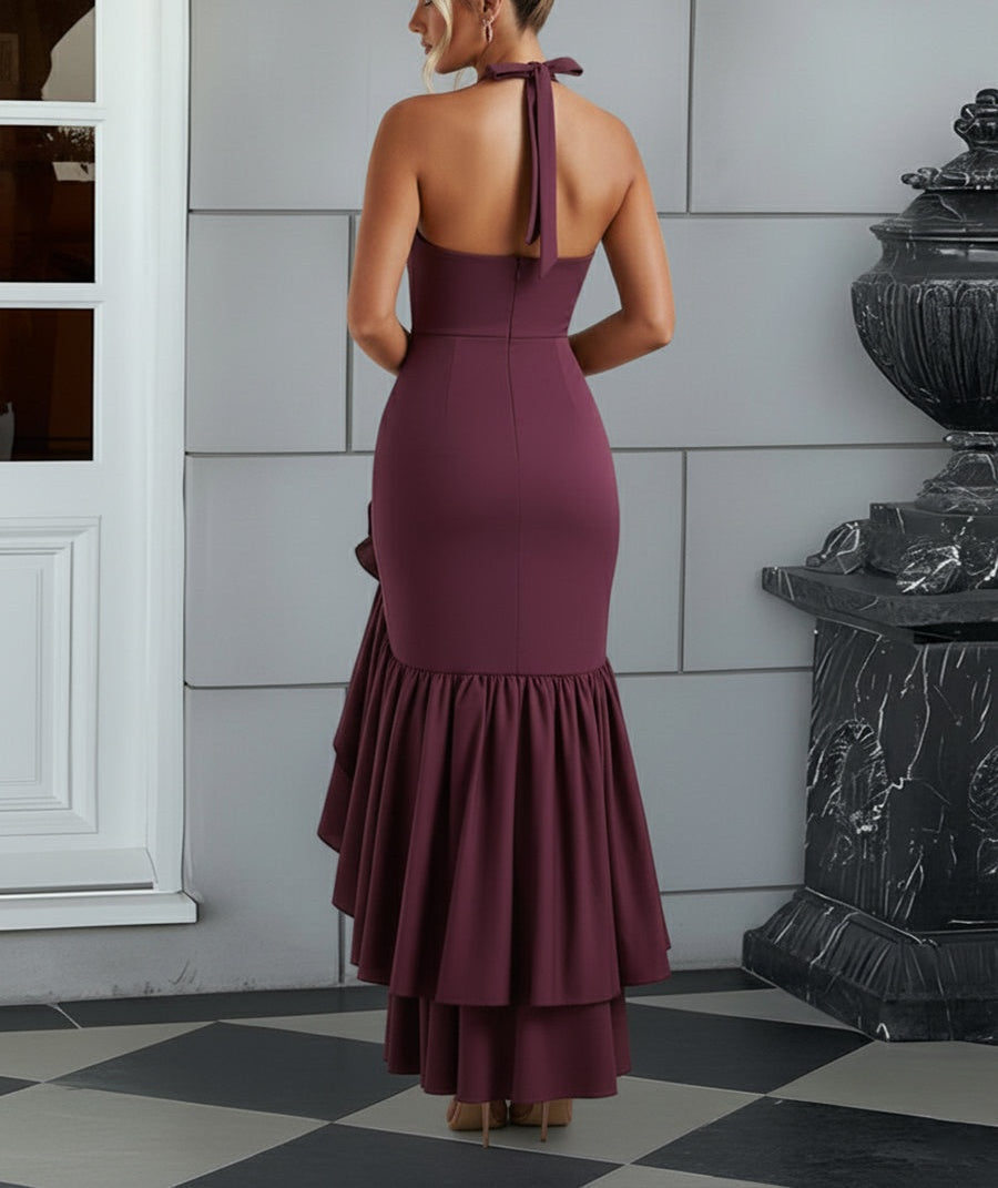 Bodycon Halter Hi-Lo Long Prom Dresses with Ruffle Slit