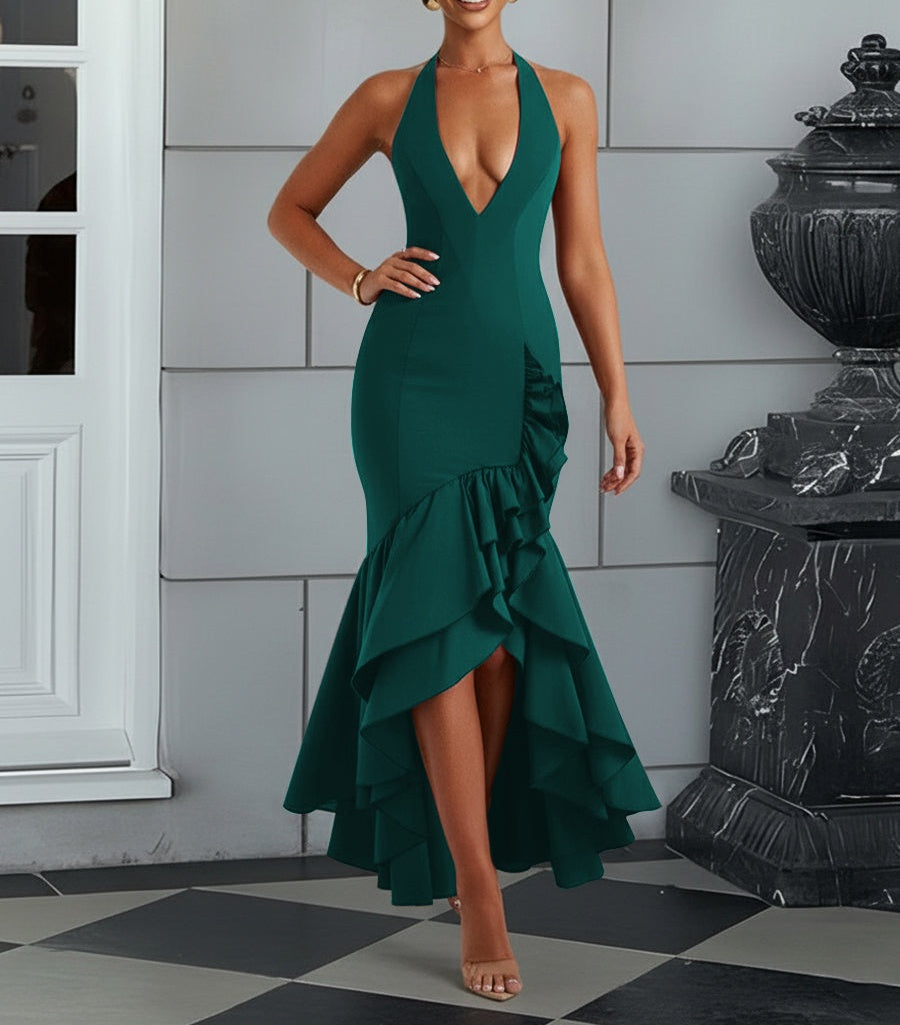 Bodycon Halter Hi-Lo Long Prom Dresses with Ruffle Slit