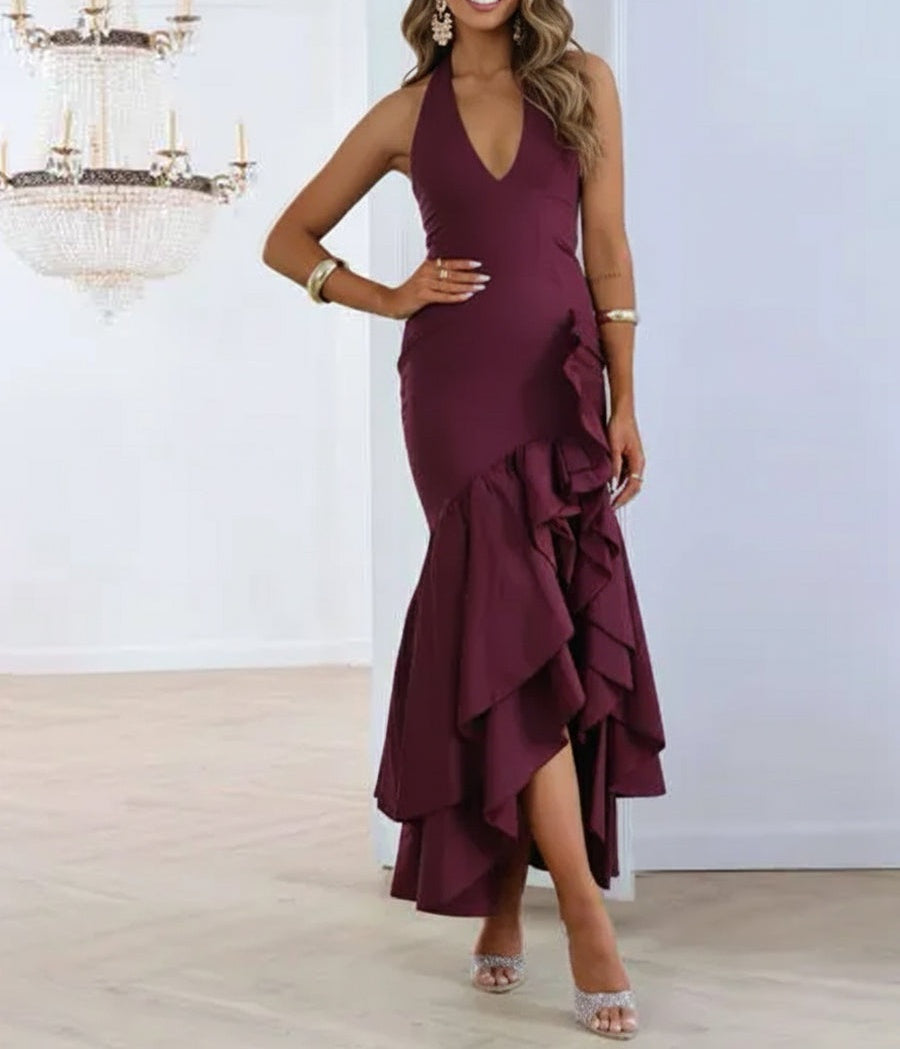 Bodycon Halter Hi-Lo Long Prom Dresses with Ruffle Slit