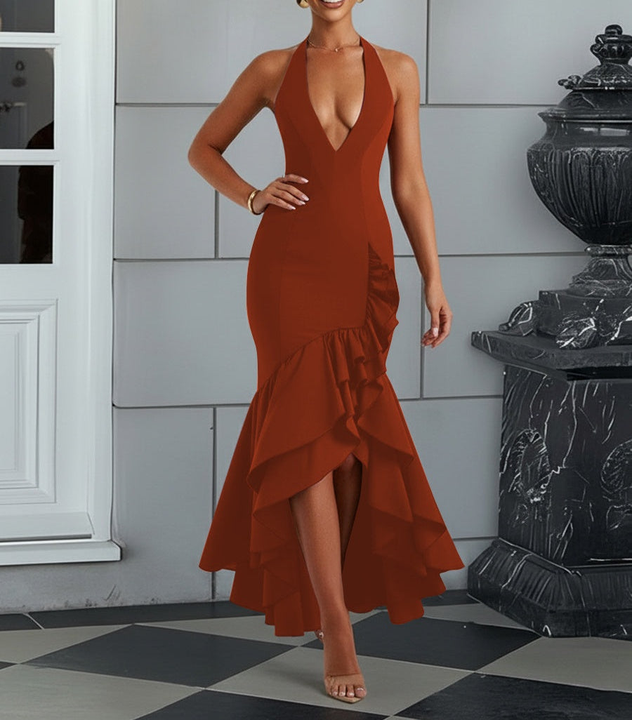 Bodycon Halter Hi-Lo Long Prom Dresses with Ruffle Slit
