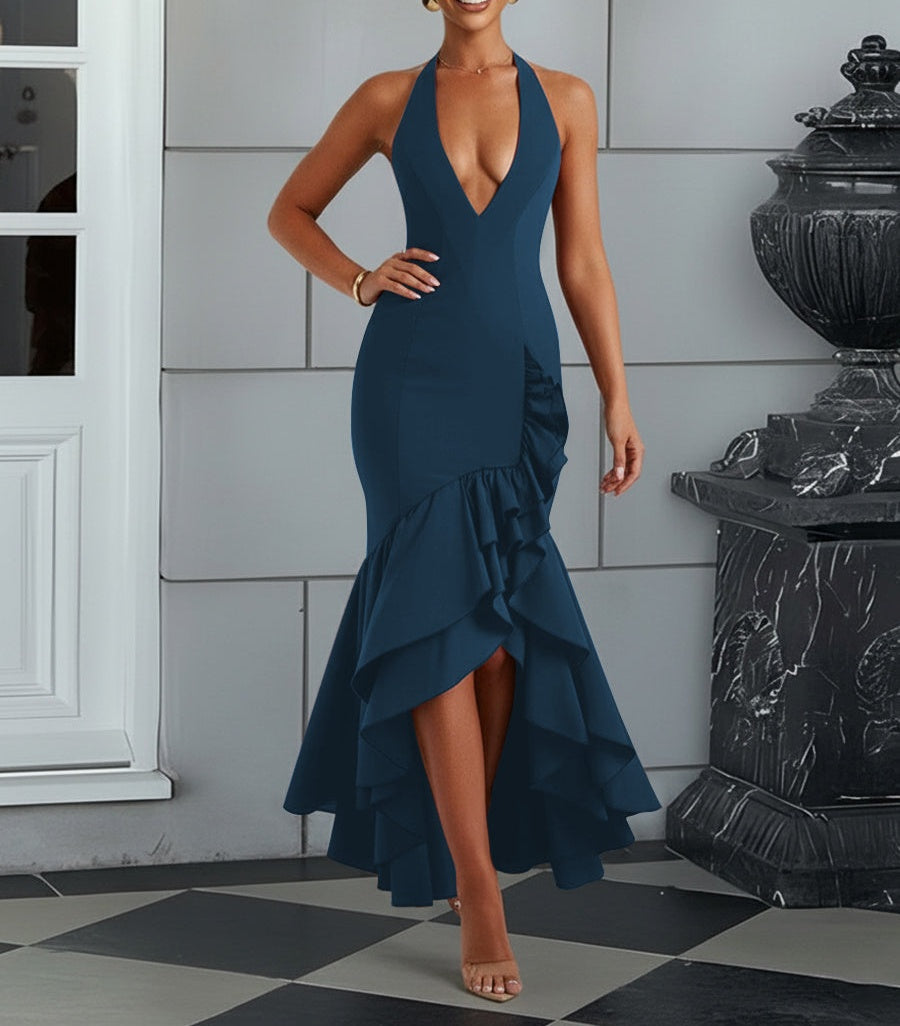 Bodycon Halter Hi-Lo Long Prom Dresses with Ruffle Slit