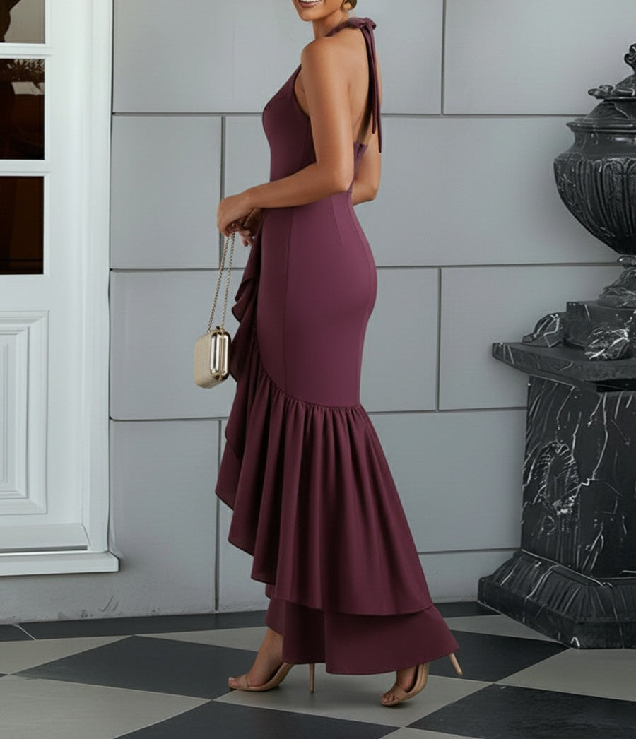 Bodycon Halter Hi-Lo Long Prom Dresses with Ruffle Slit