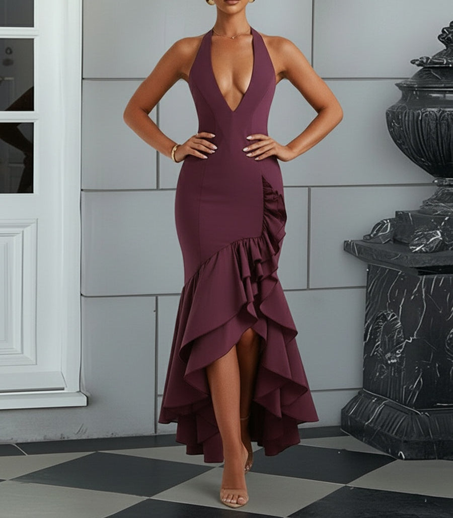 Bodycon Halter Hi-Lo Long Prom Dresses with Ruffle Slit