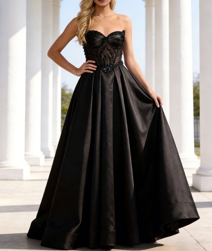 Mermaid Strapless Sweetheart Satin Prom Dress with Illusion Beaded Bodice