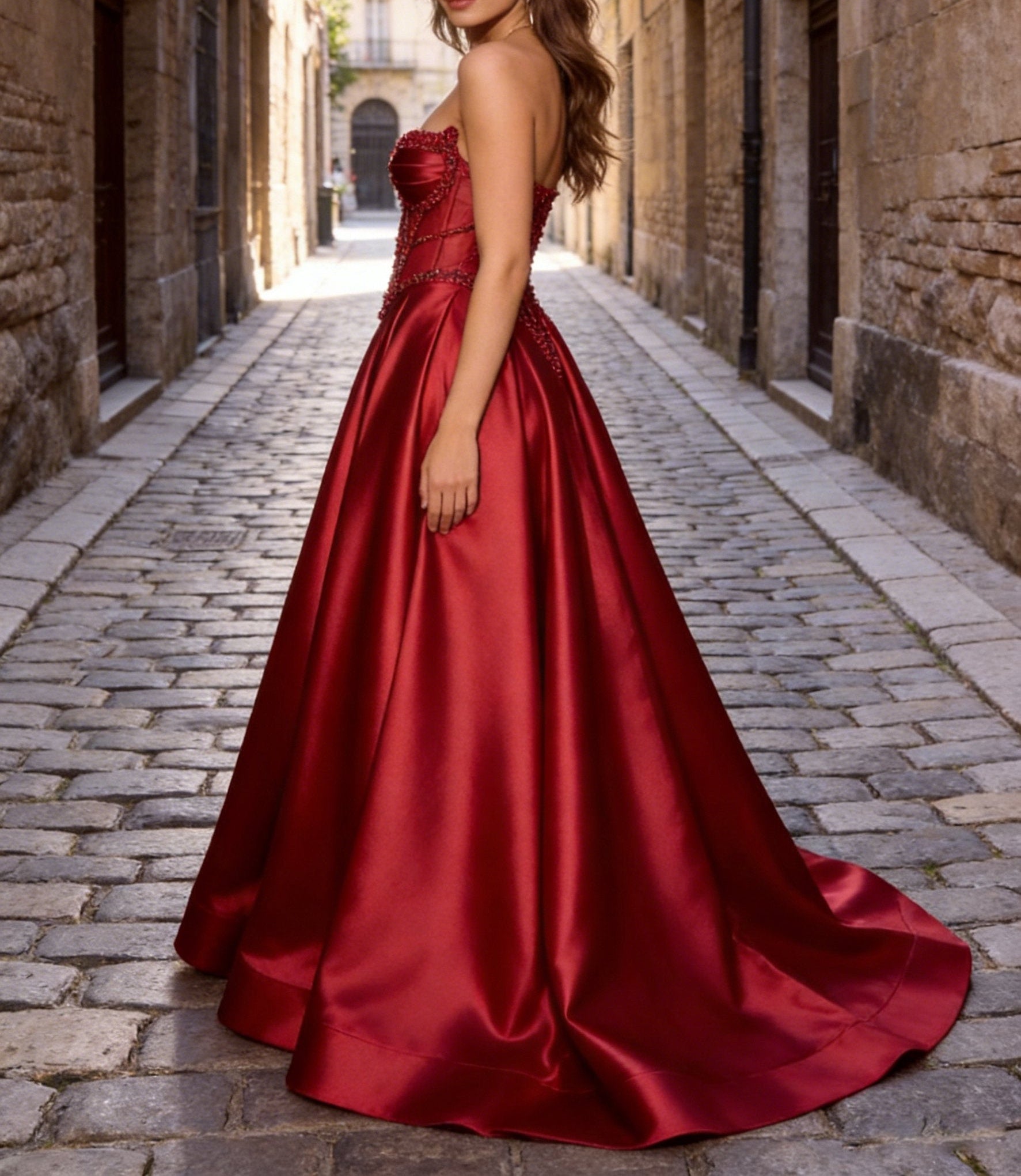 Mermaid Strapless Sweetheart Satin Prom Dress with Illusion Beaded Bodice