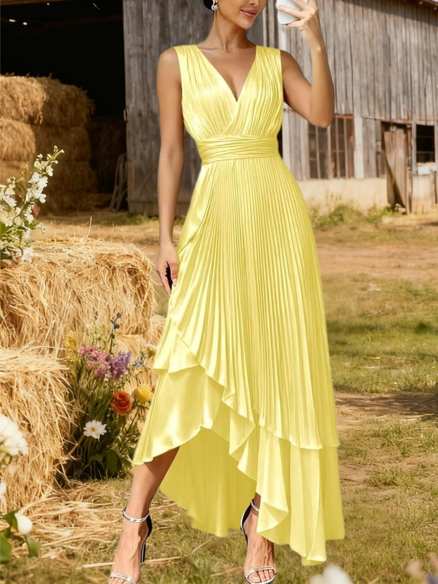 A-Line/Princess V-Neck Pleated Satin Hi-Lo Ankle-Length Formal Dresses