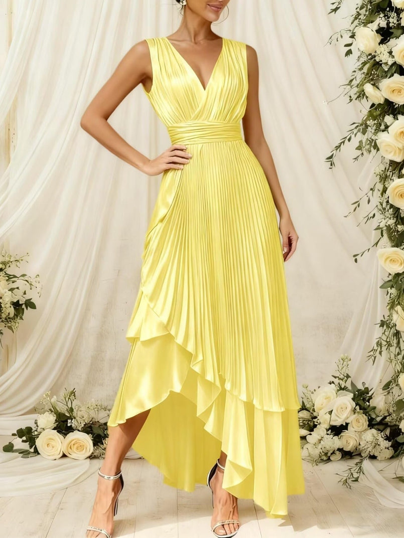 A-Line/Princess V-Neck Pleated Satin Hi-Lo Ankle-Length Formal Dresses