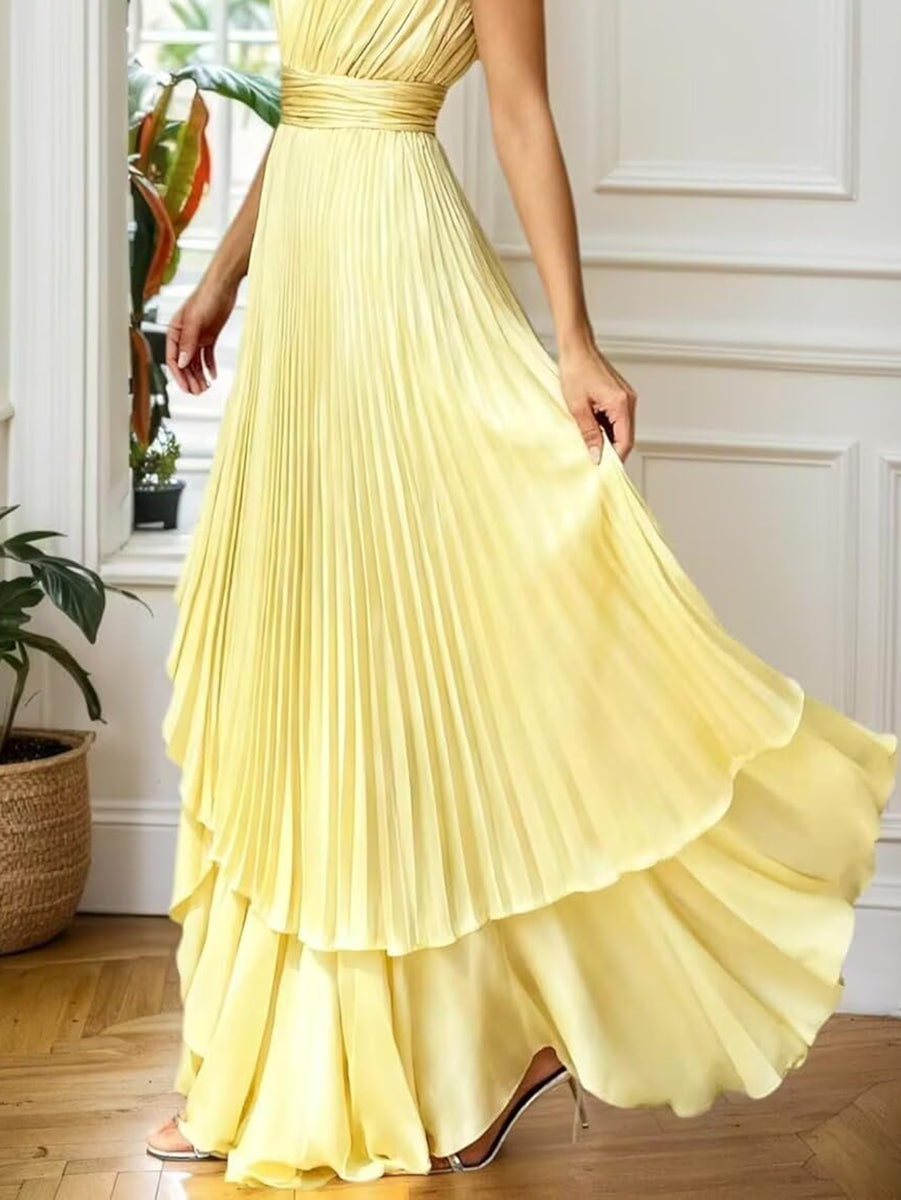 A-Line/Princess V-Neck Pleated Satin Hi-Lo Ankle-Length Formal Dresses