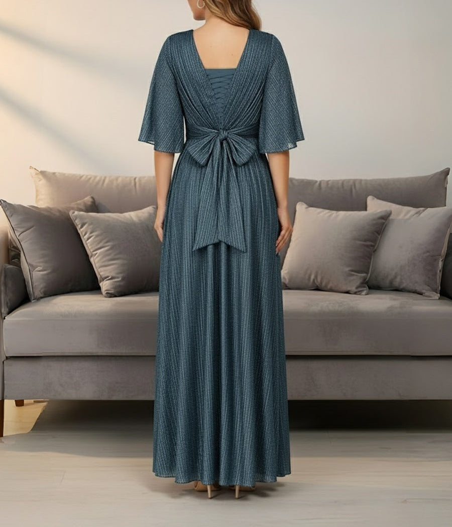 A-Line/Princess V-Neck Ruched Sequin Floor-Length Formal Evening Dresses with Half Sleeve