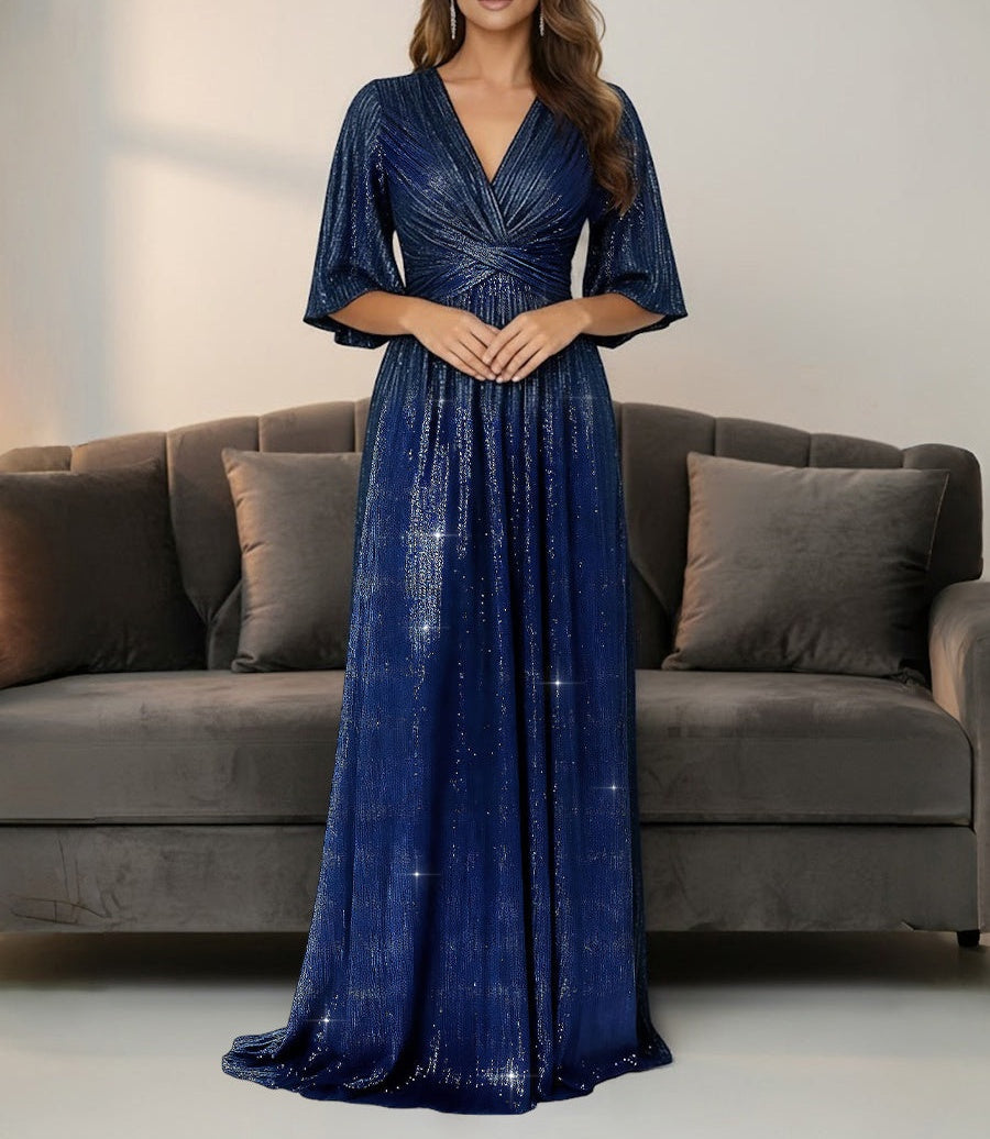 A-Line/Princess V-Neck Ruched Sequin Floor-Length Formal Evening Dresses with Half Sleeve