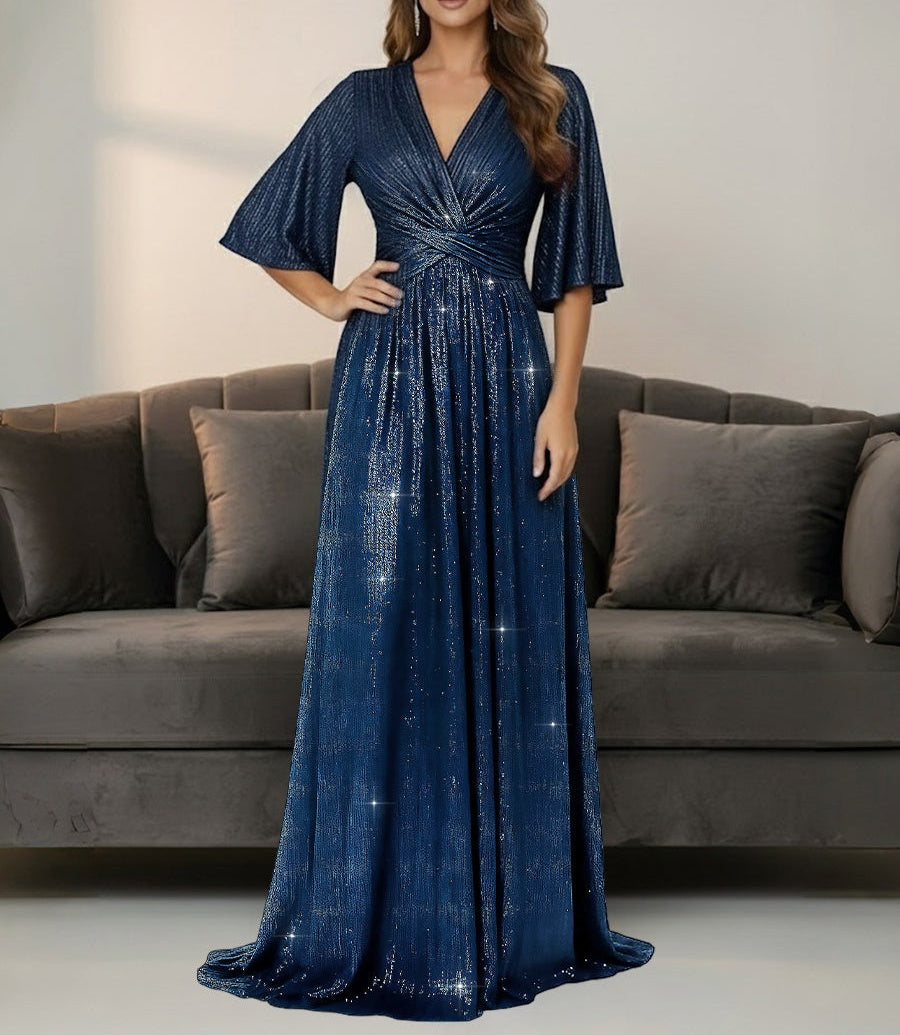A-Line/Princess V-Neck Ruched Sequin Floor-Length Formal Evening Dresses with Half Sleeve