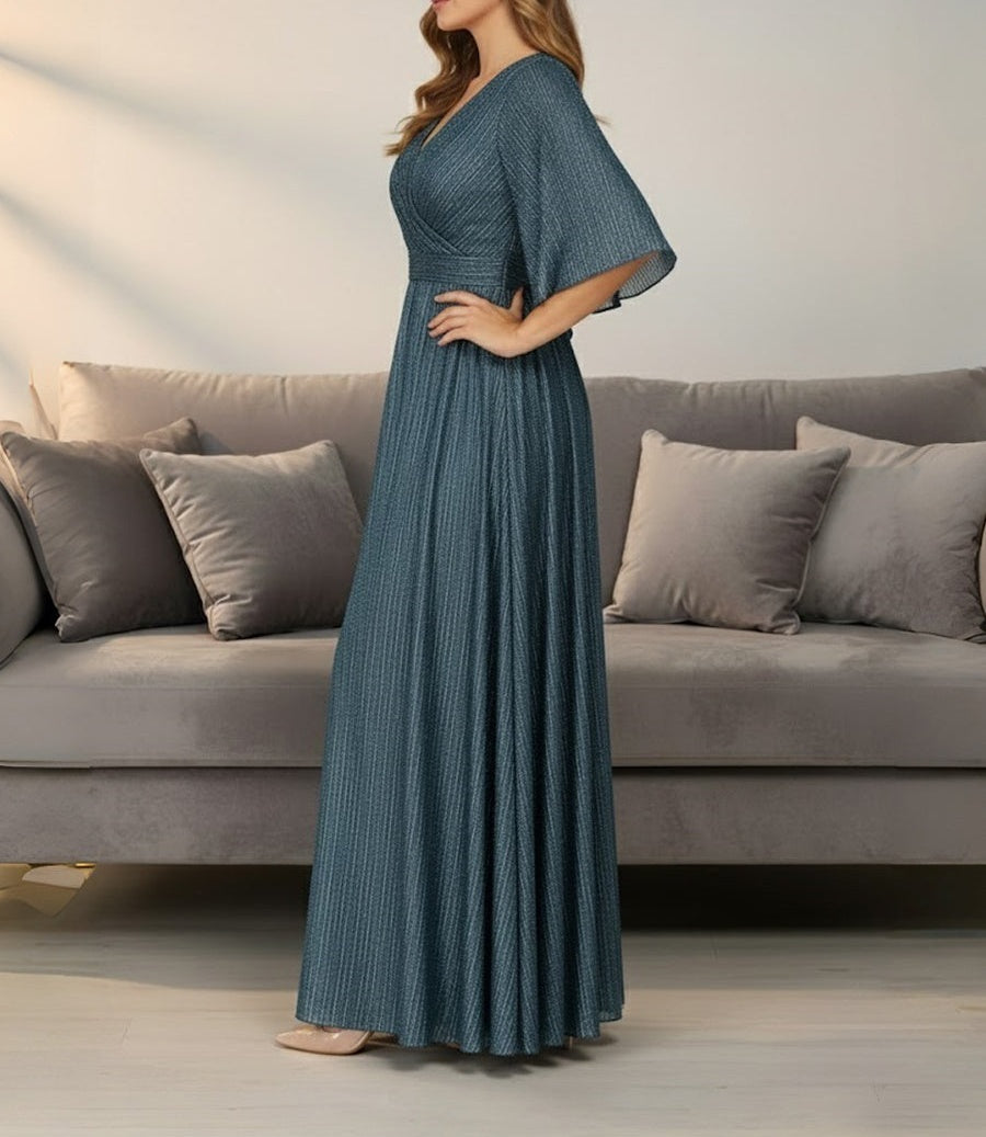 A-Line/Princess V-Neck Ruched Sequin Floor-Length Formal Evening Dresses with Half Sleeve