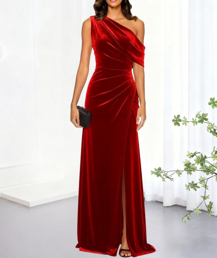 A-Line/Princess Asymmetrical Shoulder Ruched Floor-Length Formal Dresses with Velvet