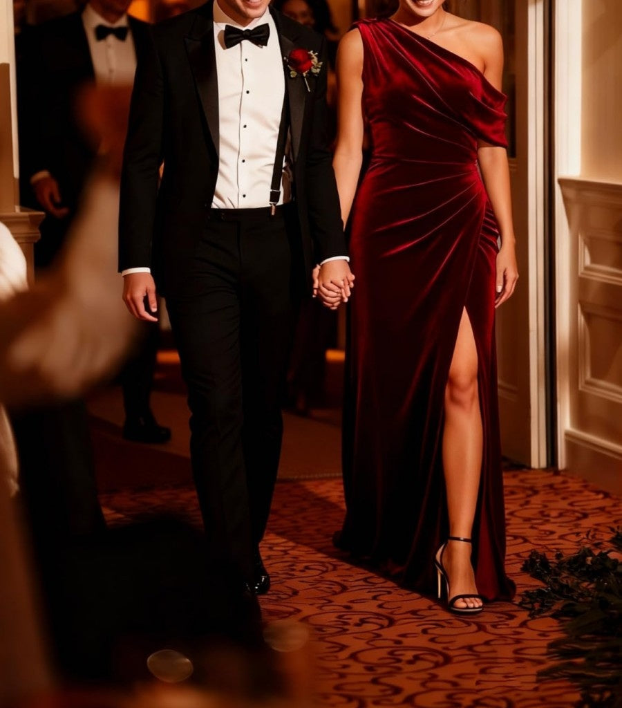 A-Line/Princess Asymmetrical Shoulder Ruched Floor-Length Formal Dresses with Velvet