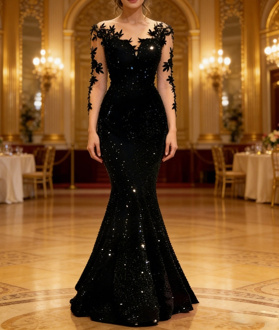 Trumpet/Mermaid V-Neck Illusion Sleeves Sequined Long Prom Dresses with Lace Appliques