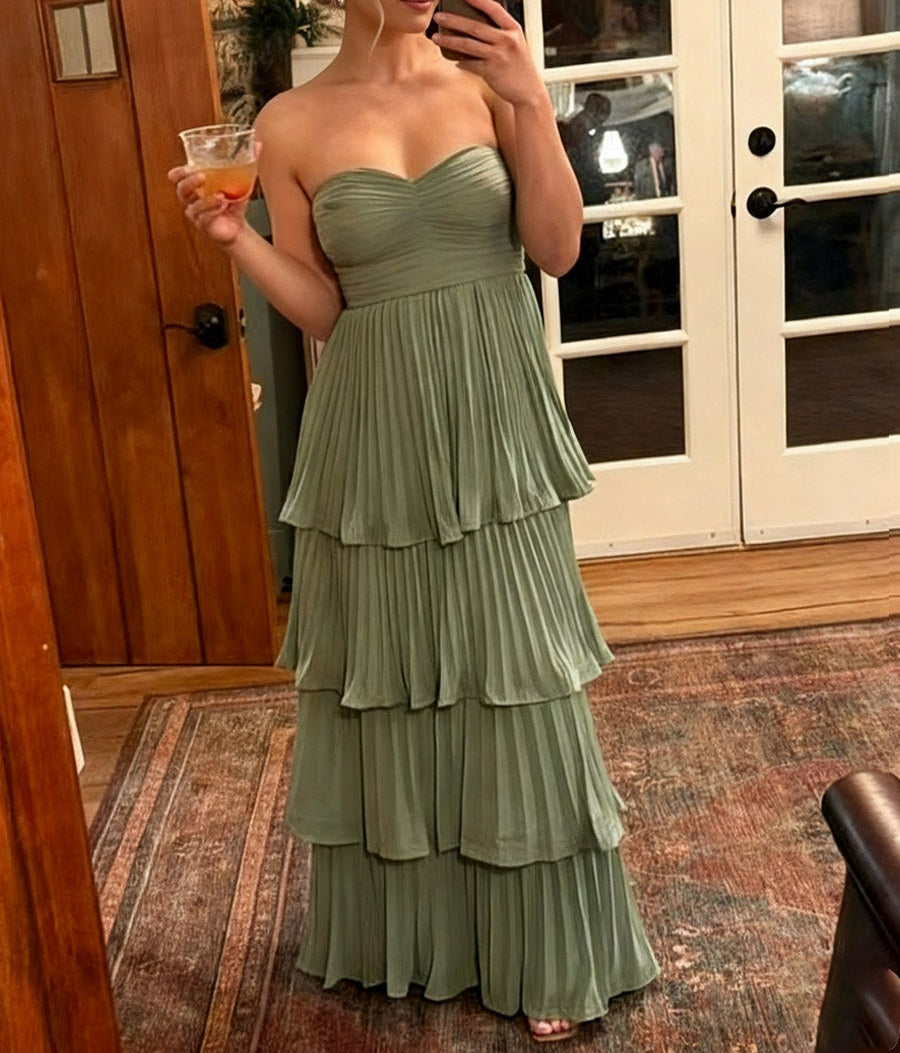 Mermaid Tiered Ruffle Pleated Floor-Length Fancy Prom Dresses Formal Gowns