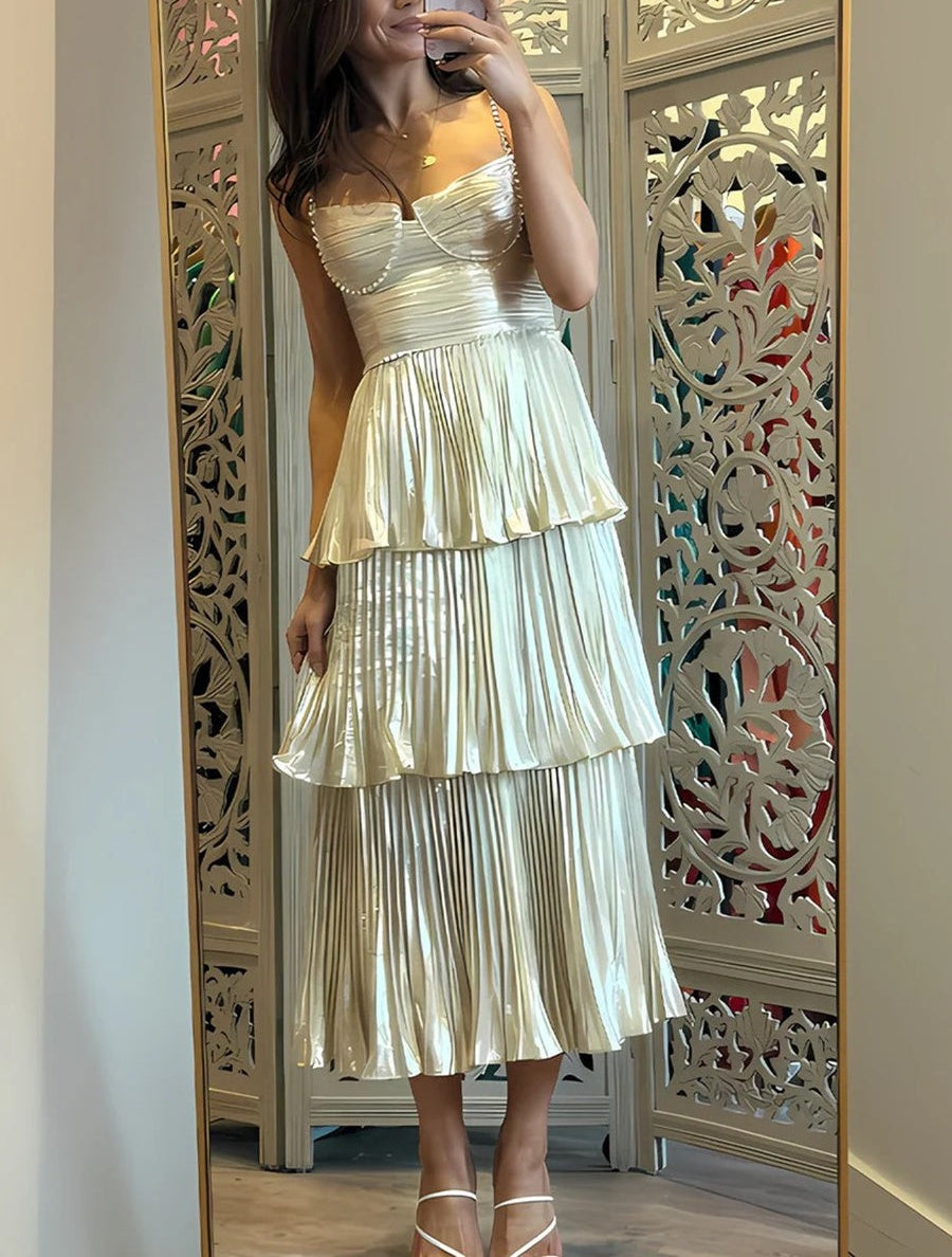 Sheath/Column Spaghetti Strap Tea-Length Prom Dresses with Tiered Satin