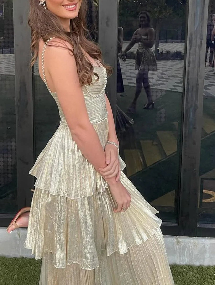 Sheath/Column Spaghetti Strap Tea-Length Prom Dresses with Tiered Satin