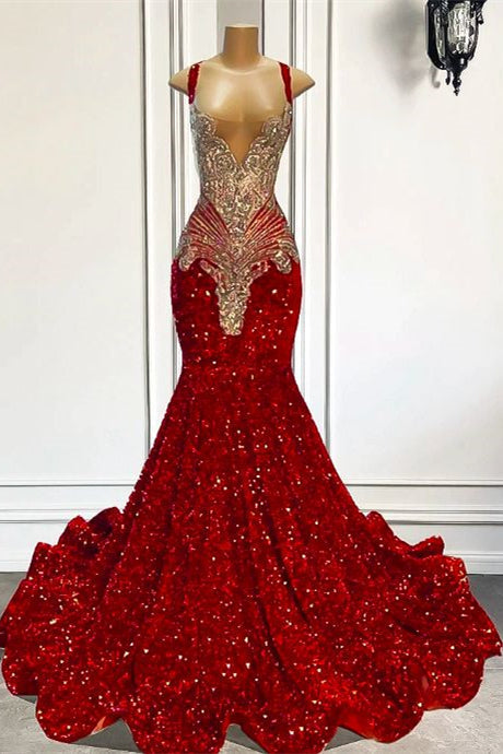 ombreprom Red Sequins Mermaid Prom Dress Sleeveless With Crystal