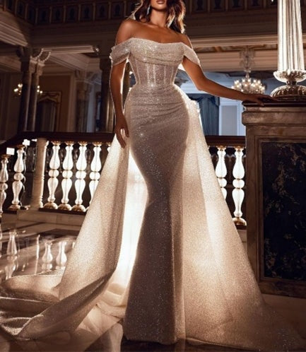 Glamorous Off-the-Shoulder Sequins Prom Dress Mermaid With Ruffle