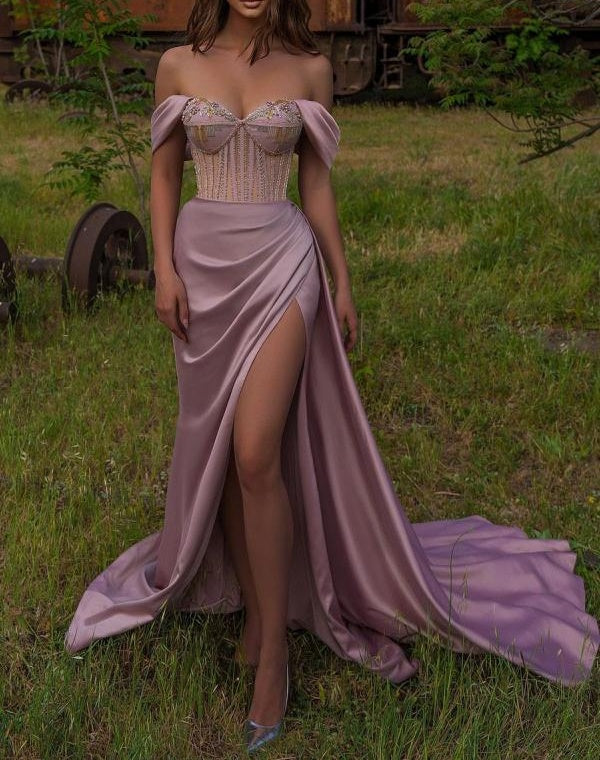 Off-the-Shoulder Sweetheart Long Prom Dress Split With Beadings