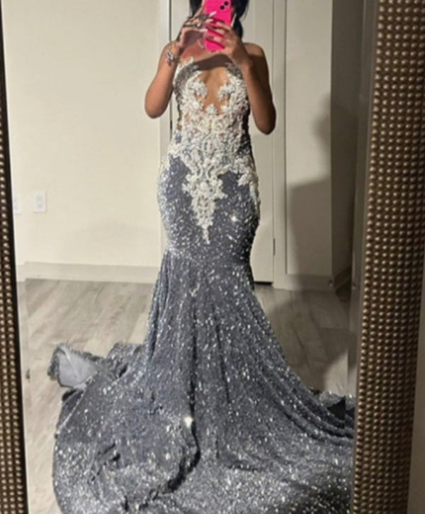 ombreprom Silver Grey Sequins Prom Dress Mermaid With Beads