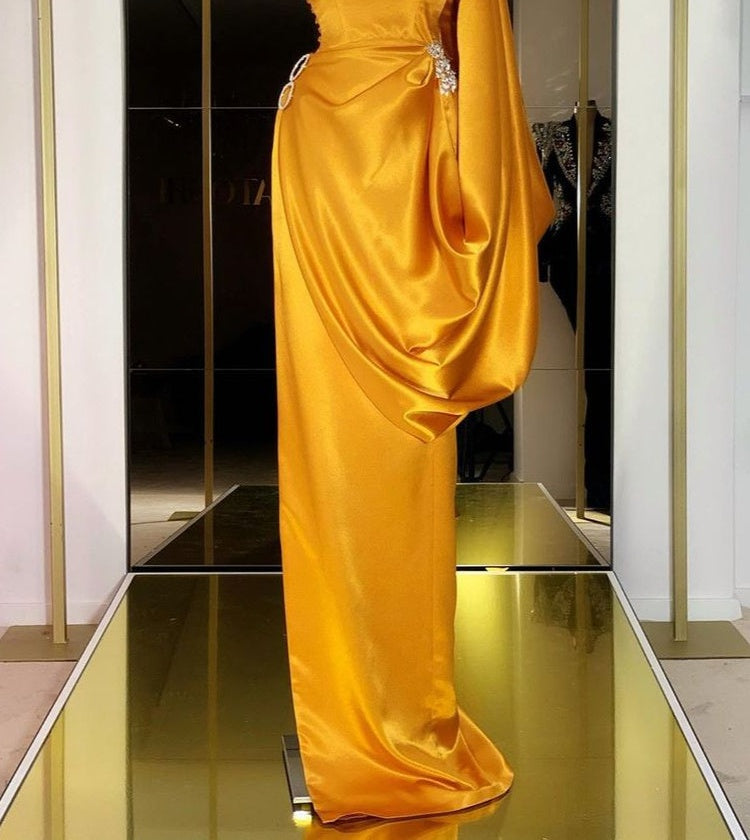 Designer Yellow Gold One Shoulder Long Evening Prom Dress With  Ruffles
