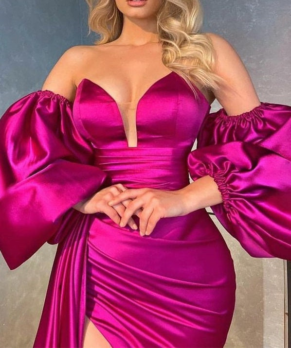 Fuchsia Detachable Sleeves Mermaid Prom Dress Slit With Ruffles