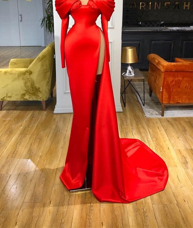 Sexy Red Long Sleeves Mermaid Prom Dress Off-the-Shoulder With Slit
