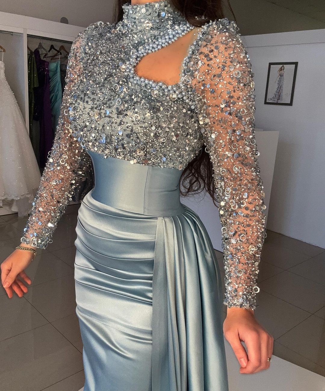 ombreprom Dusty Blue Long Sleeves Prom Dress Mermaid With Sequins High Neck