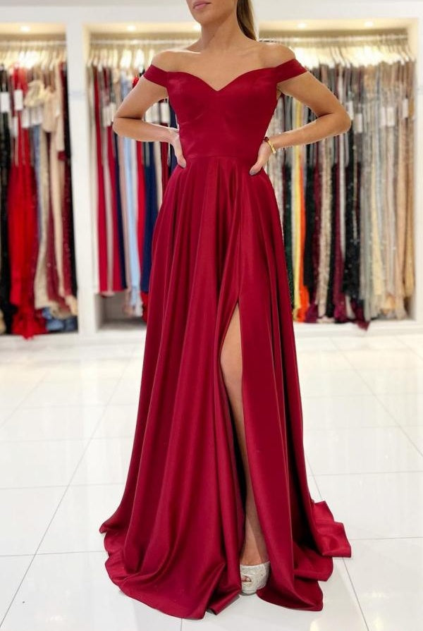 Elegant Burgundy Off-the-Shoulder Prom Dress Long With Split