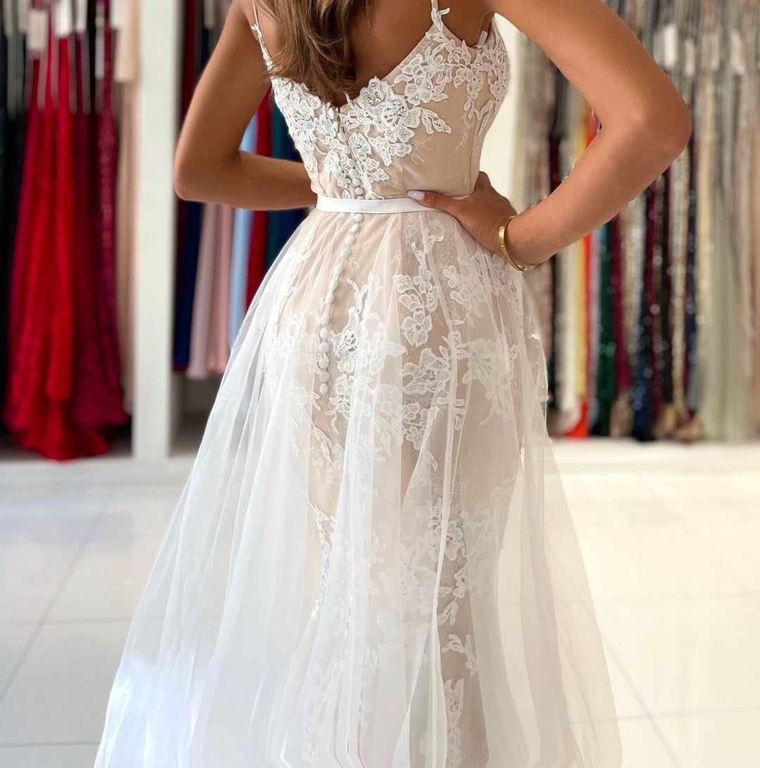 Stunning Spaghetti-Straps Mermaid Prom Dress Lace Appliques