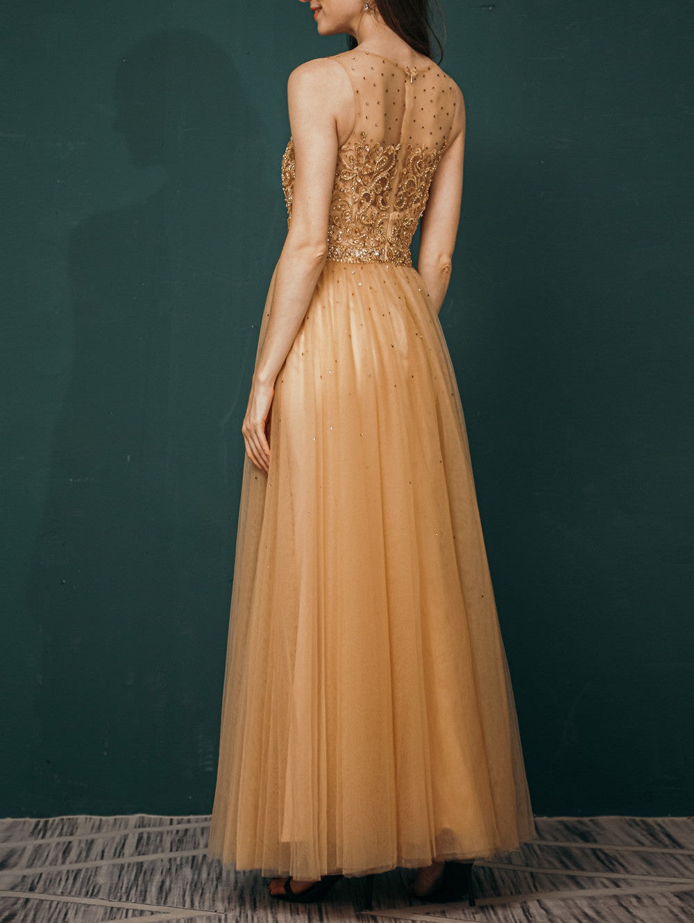 Gold Illusion neck Beaded Appliques Prom Dress