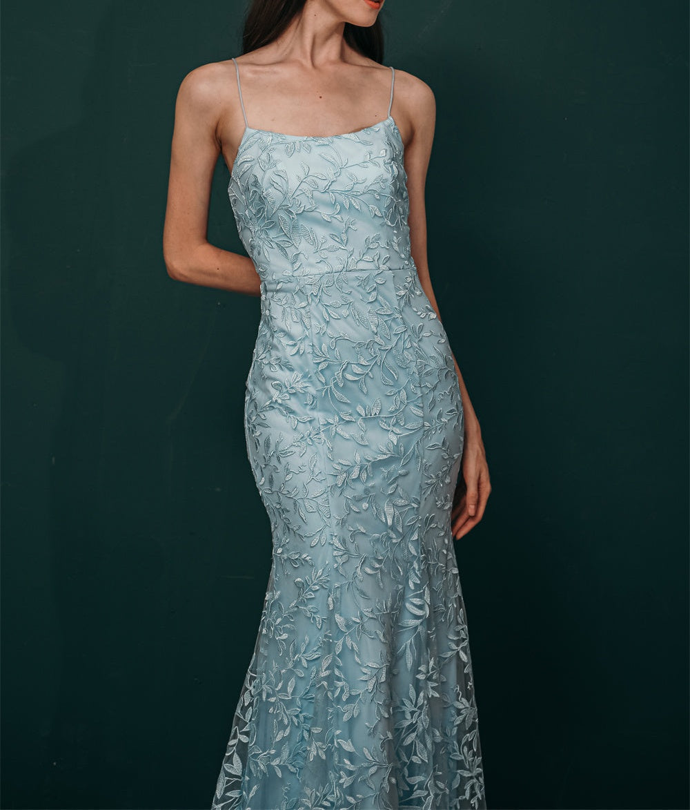 Sky blue Lace Criss-cross back Mermaid Prom Dress