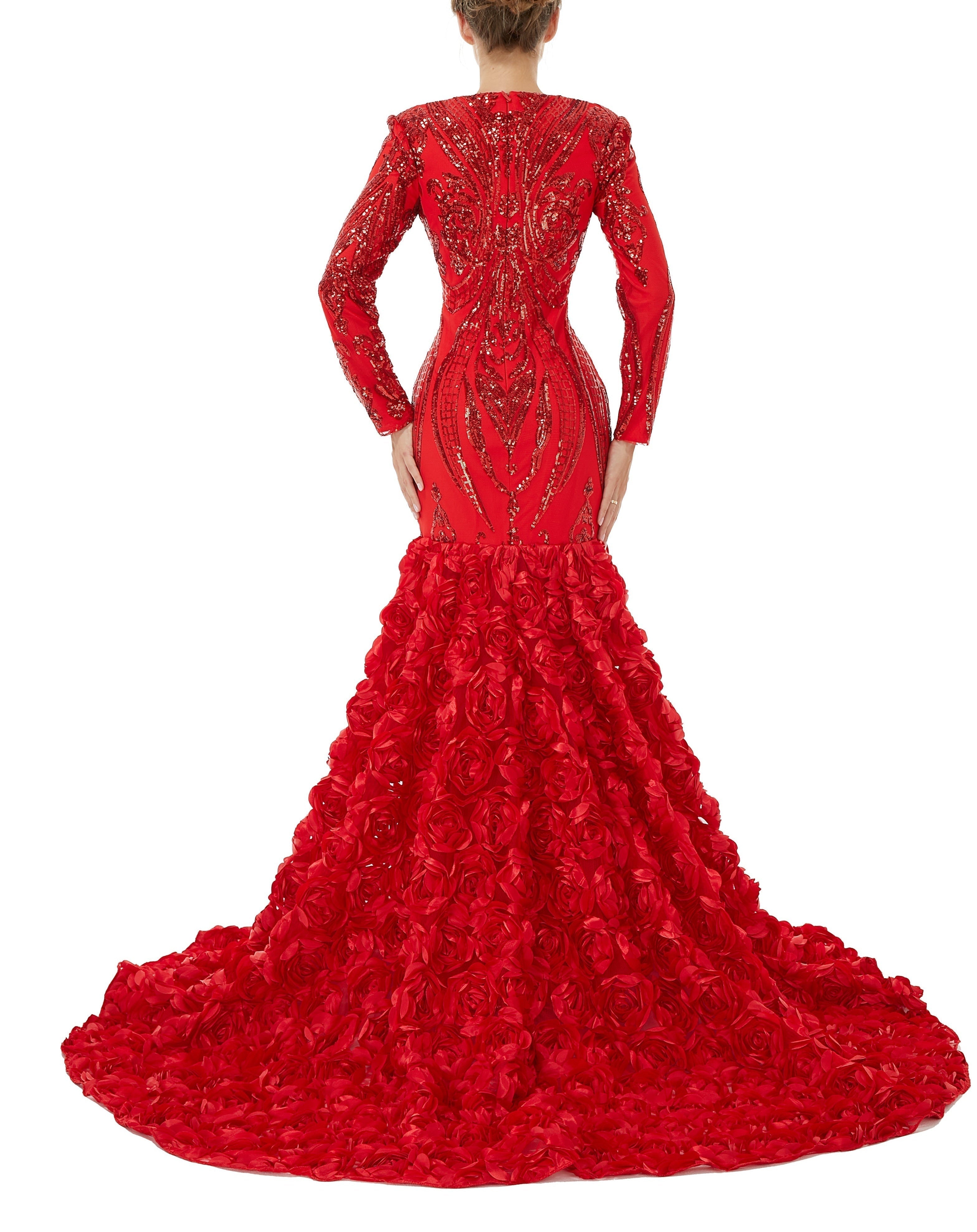 Sexy Sparkle Red Long sleeves V-neck Flowers Prom Dress | ombreprom Real Shooting