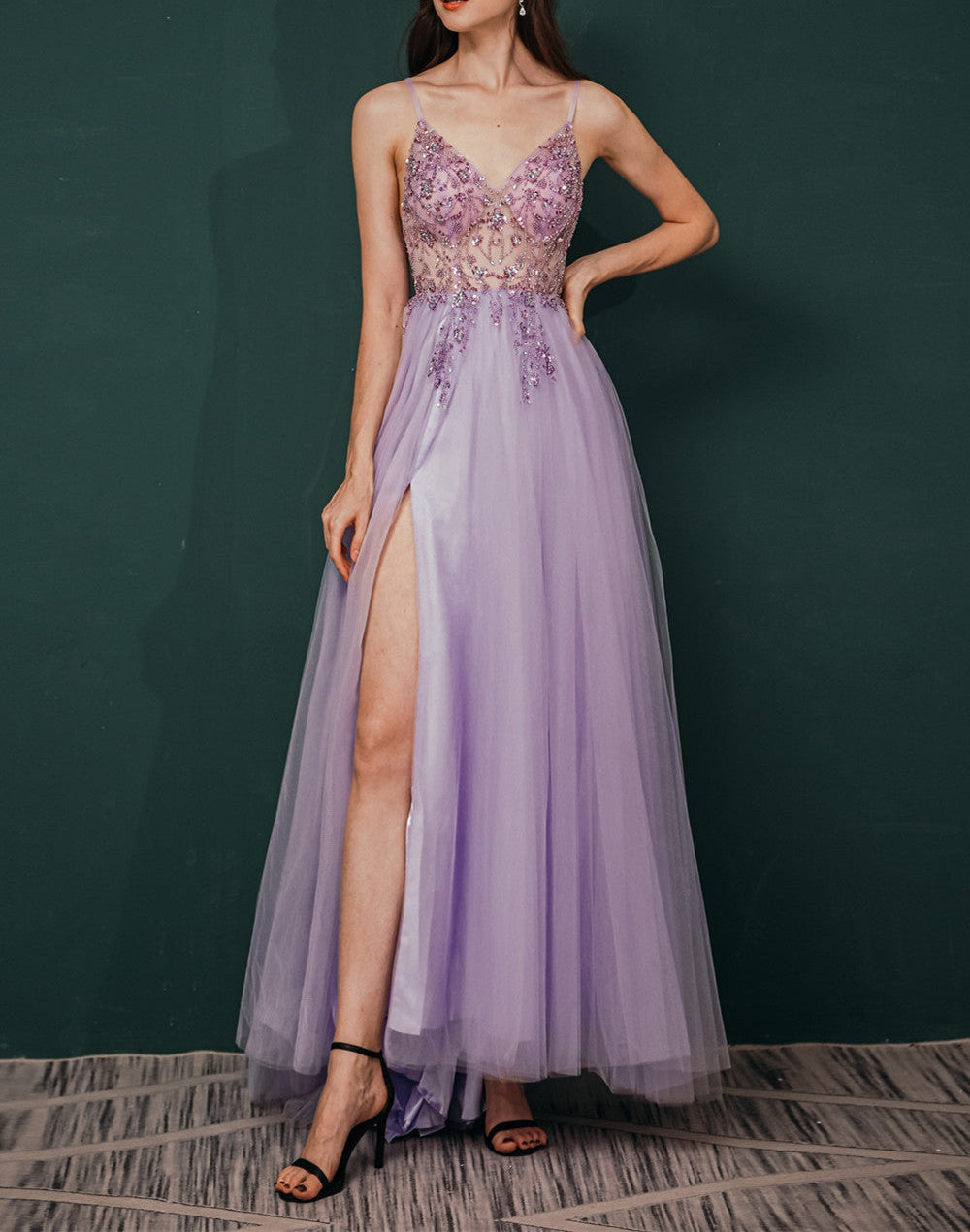 Sparkle Lilac Tulle High-split Spaghetti Strap Prom Dress