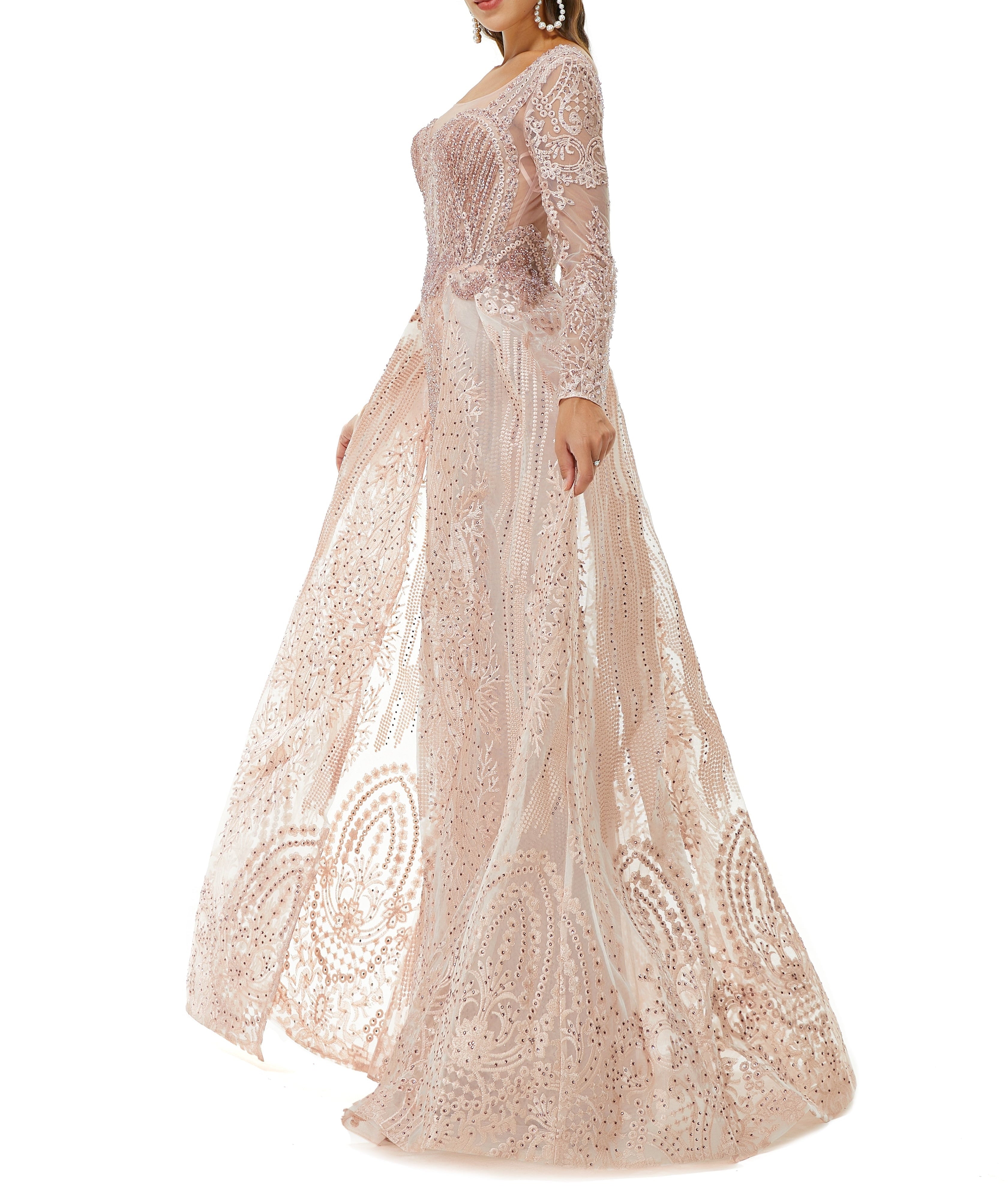 ombreprom Design | Champange Sparkle Beaded Long Sleeves Prom Dresses with Overskirt