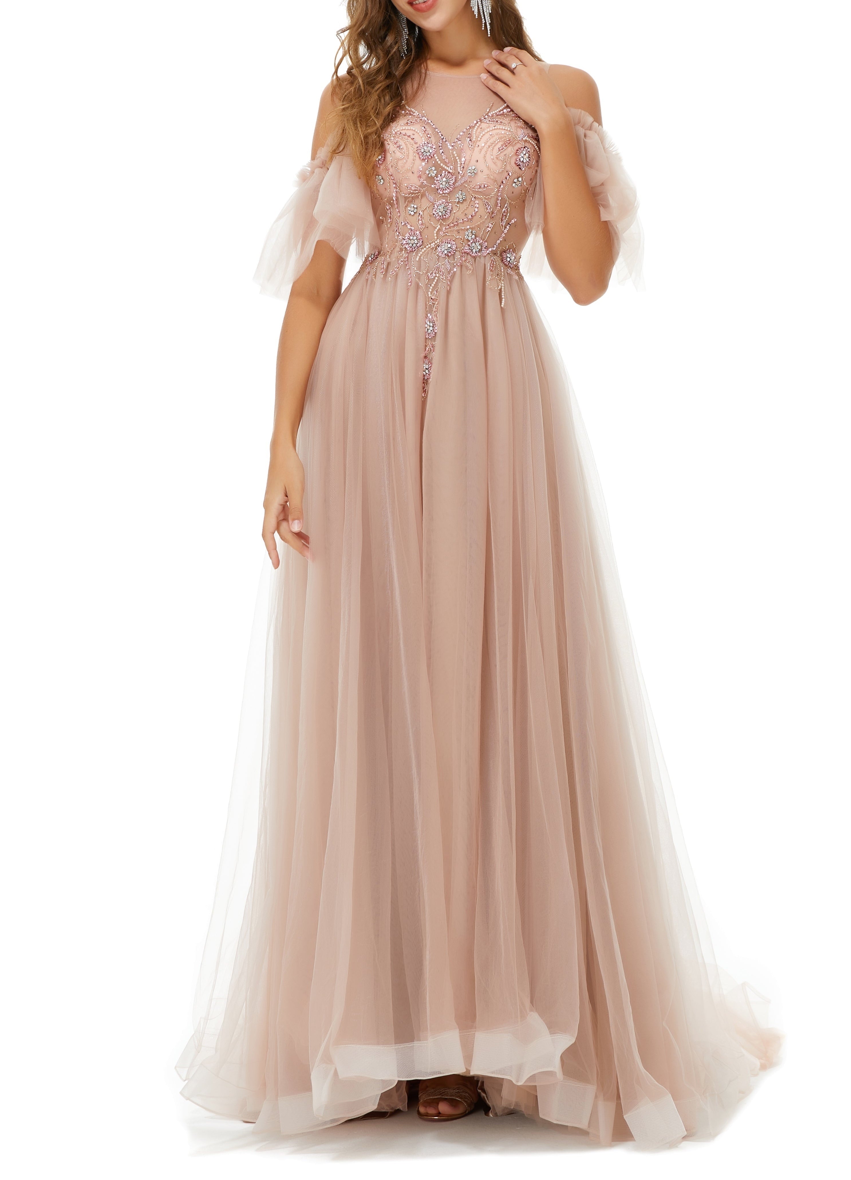 ombreprom Design | Sparkle Beaded Cool shoulder A-line Beaded Prom Dresses