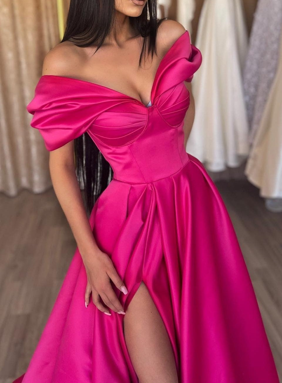 Fuchsia Off-the-Shoulder Prom Dress Long Split V-Neck