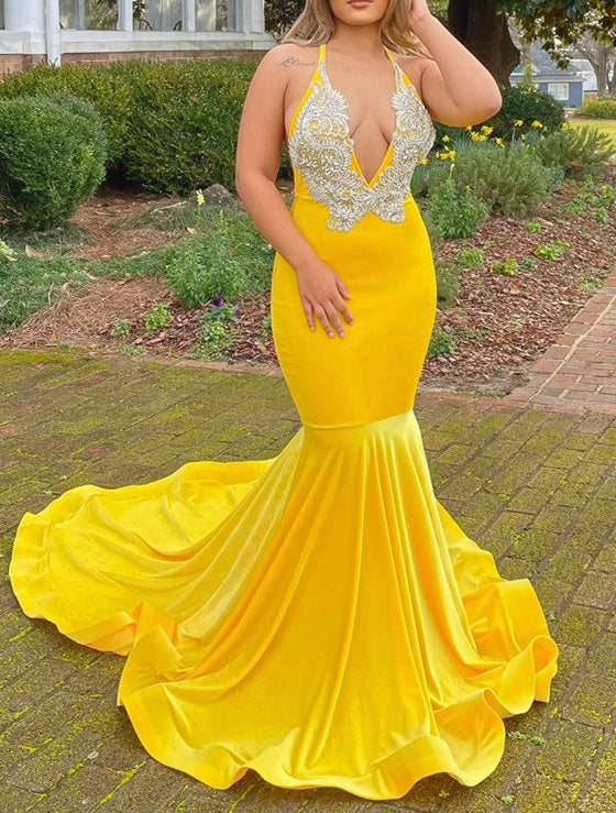 Yellow Appliques Lace V-Neck Spaghetti Straps Long Mermaid Prom Dress