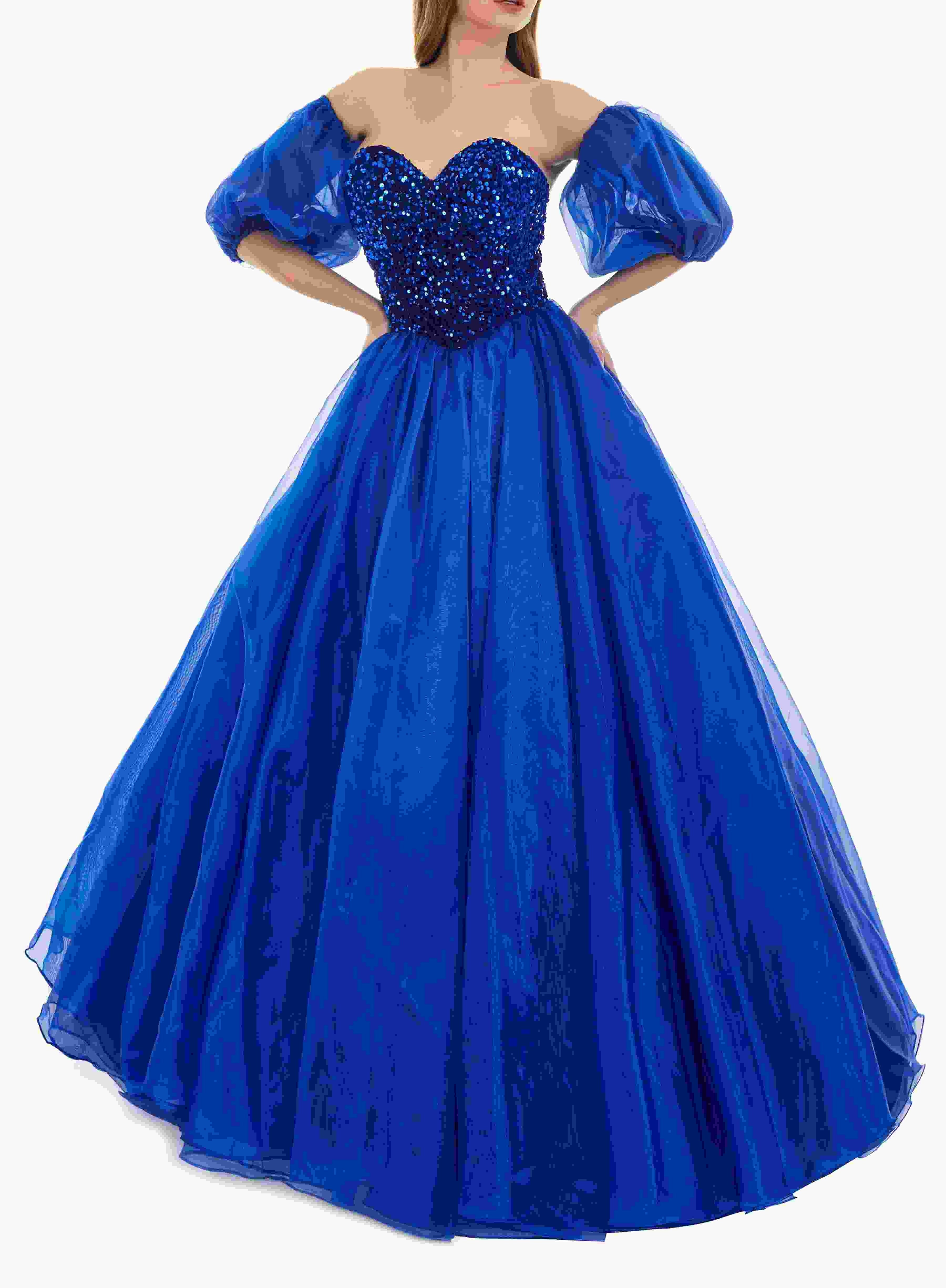 Sweetheart Royal Blue Bubble Sleeves Ball Gown Beaded Prom Dresses