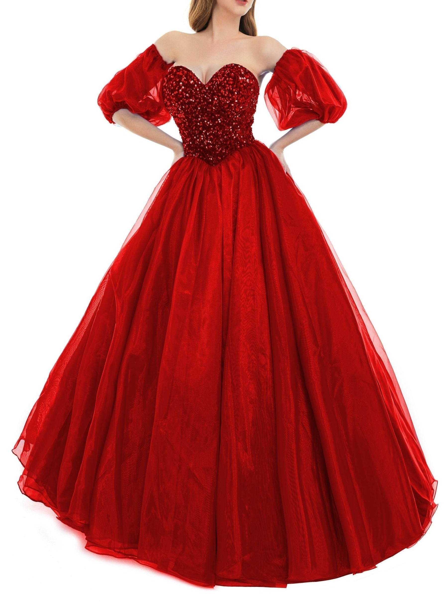 Sweetheart Royal Blue Bubble Sleeves Ball Gown Beaded Prom Dresses