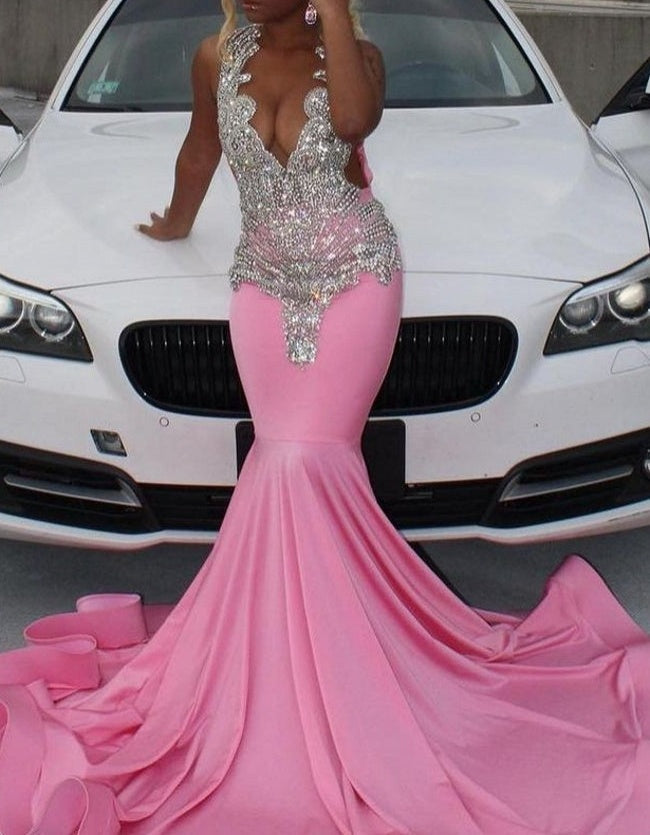 Elegant Pink Mermaid Court Train Prom Dresses wth Silver Beads