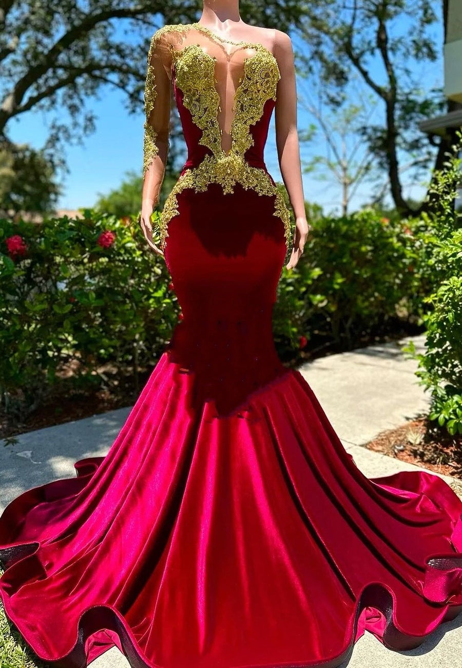 Long sleeves One shoulder Gold Appliques Burgundy Prom Dresses