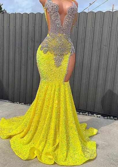 Round neck Silver Beaded Mermaid Yellow Sequin Prom Dresses
